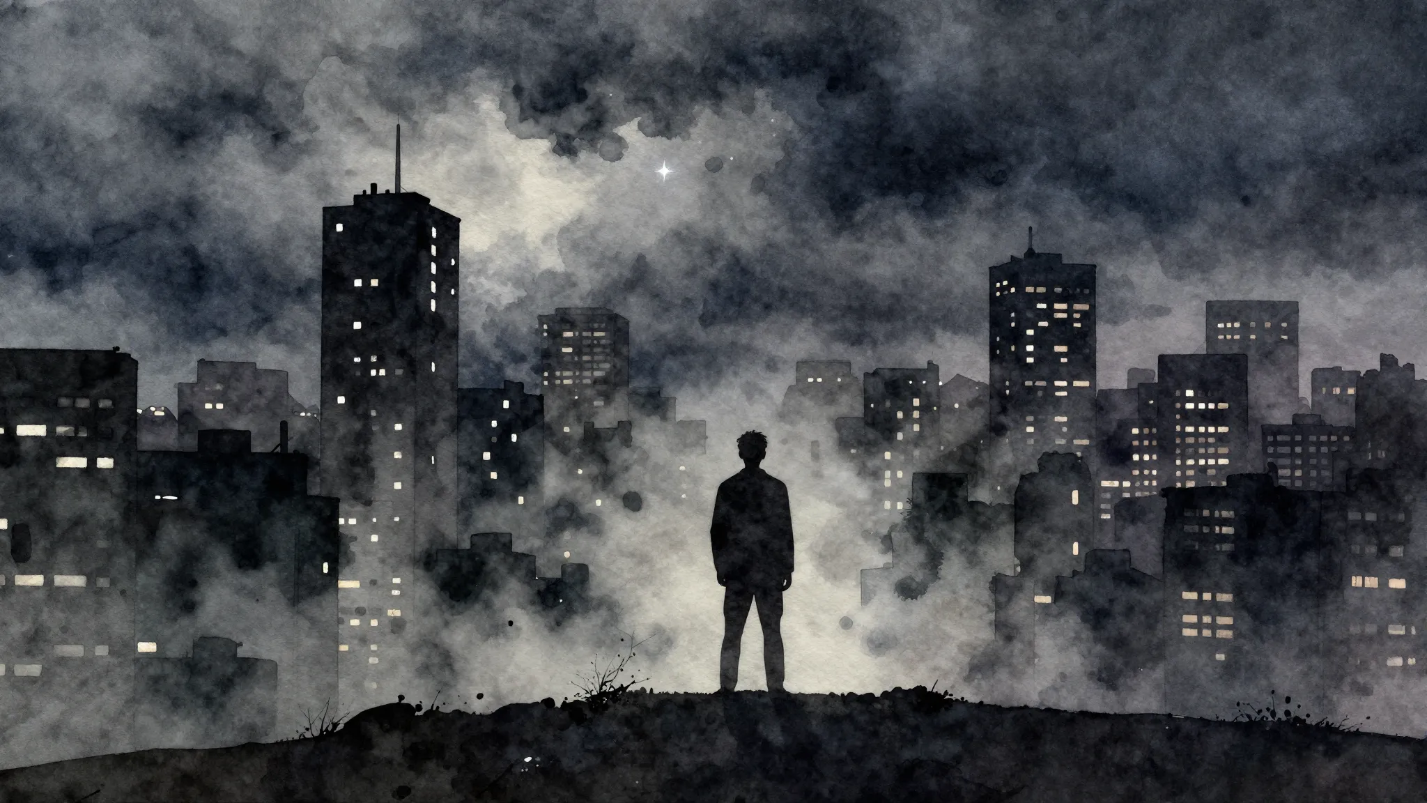 Watercolor style. A single silhouette stands on a hill looki...