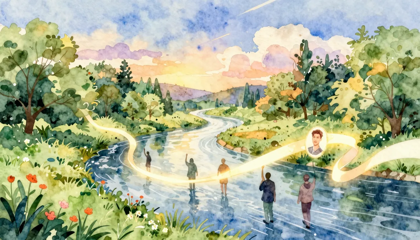 Vibrant watercolor style. A vibrant, warm May day. A flowing...