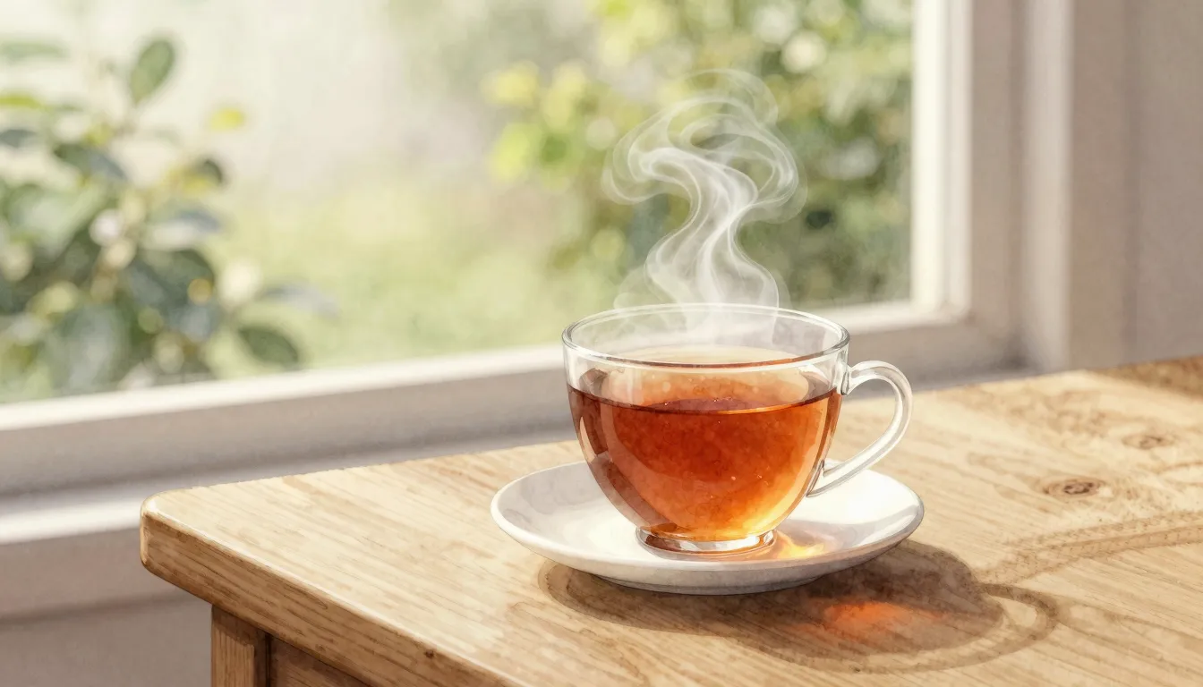 Watercolor style. A cozy aesthetic scene with a steaming cup...