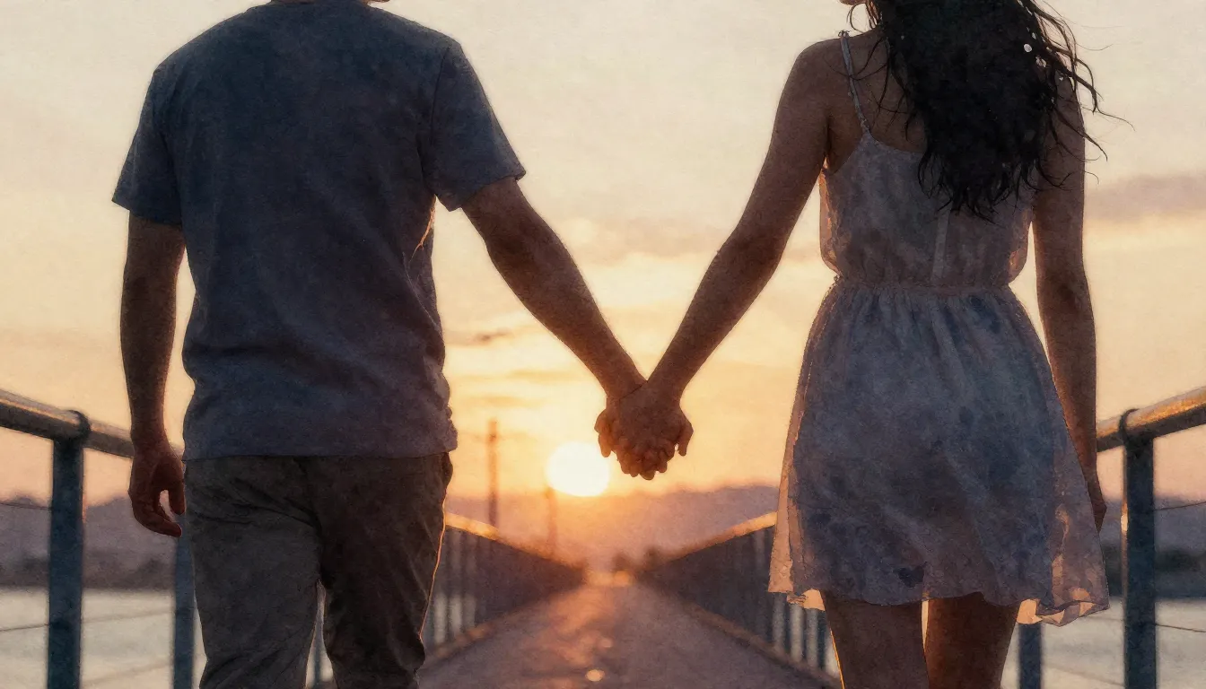 Watercolor style. Two silhouettes holding hands on a bridge ...