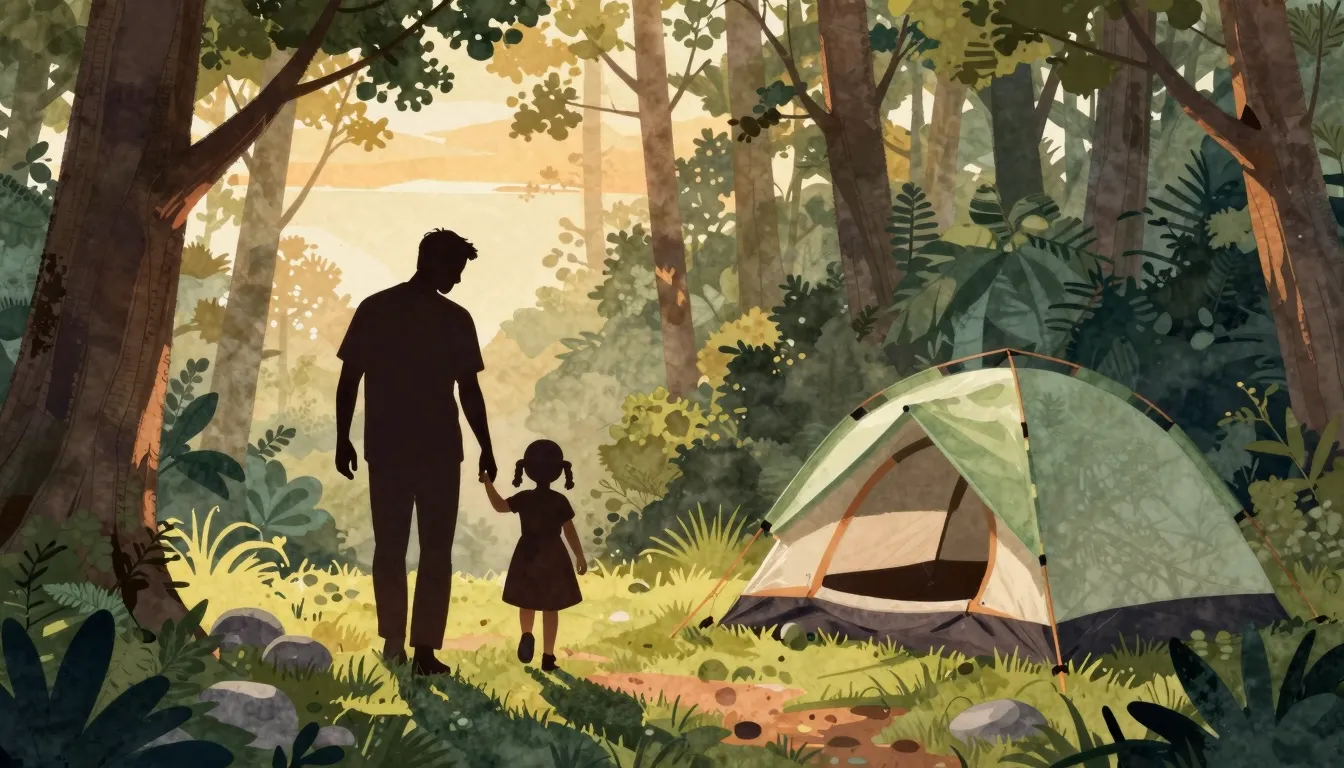 Watercolor style. Silhouette of a father and daughter walkin...