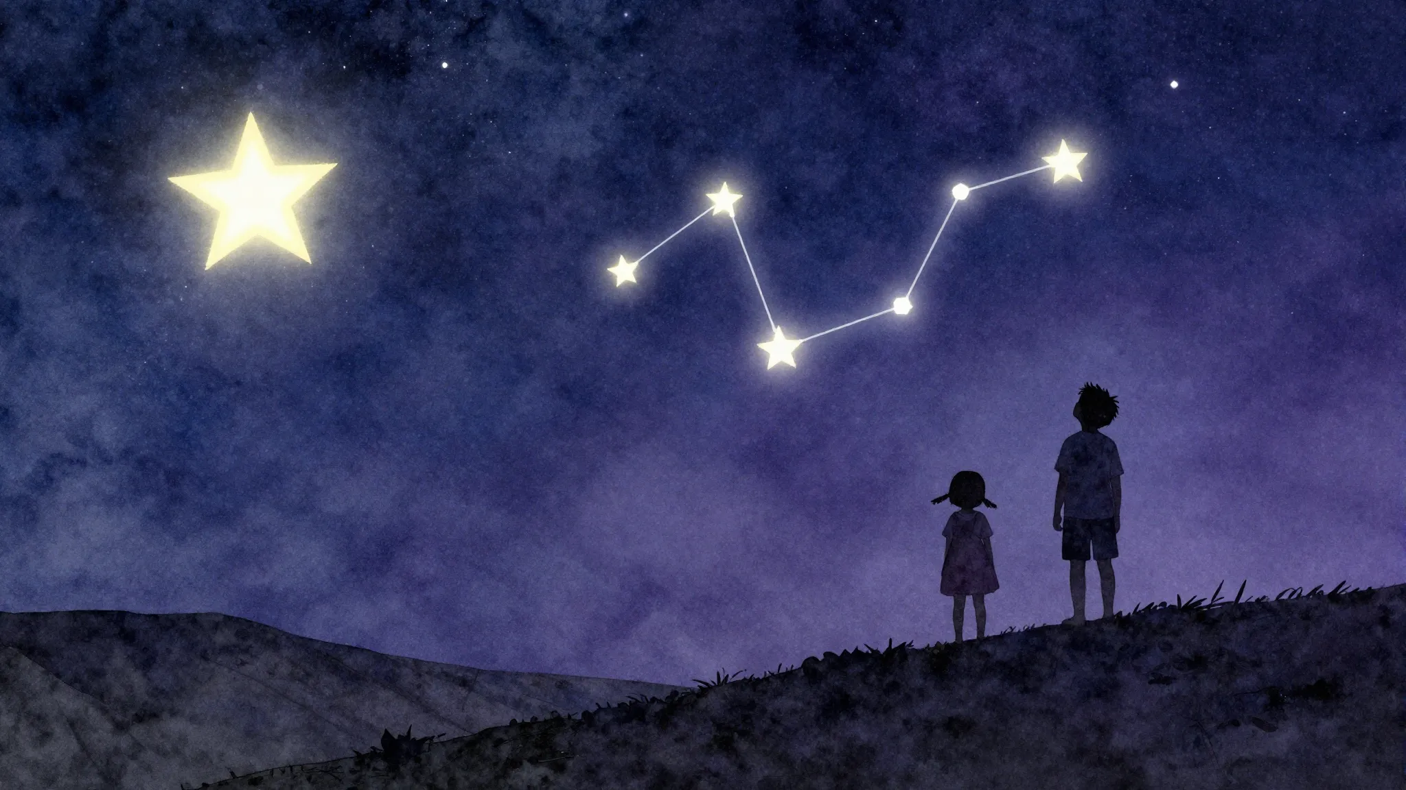 Watercolor style. A beautiful night sky with a bright glowin...