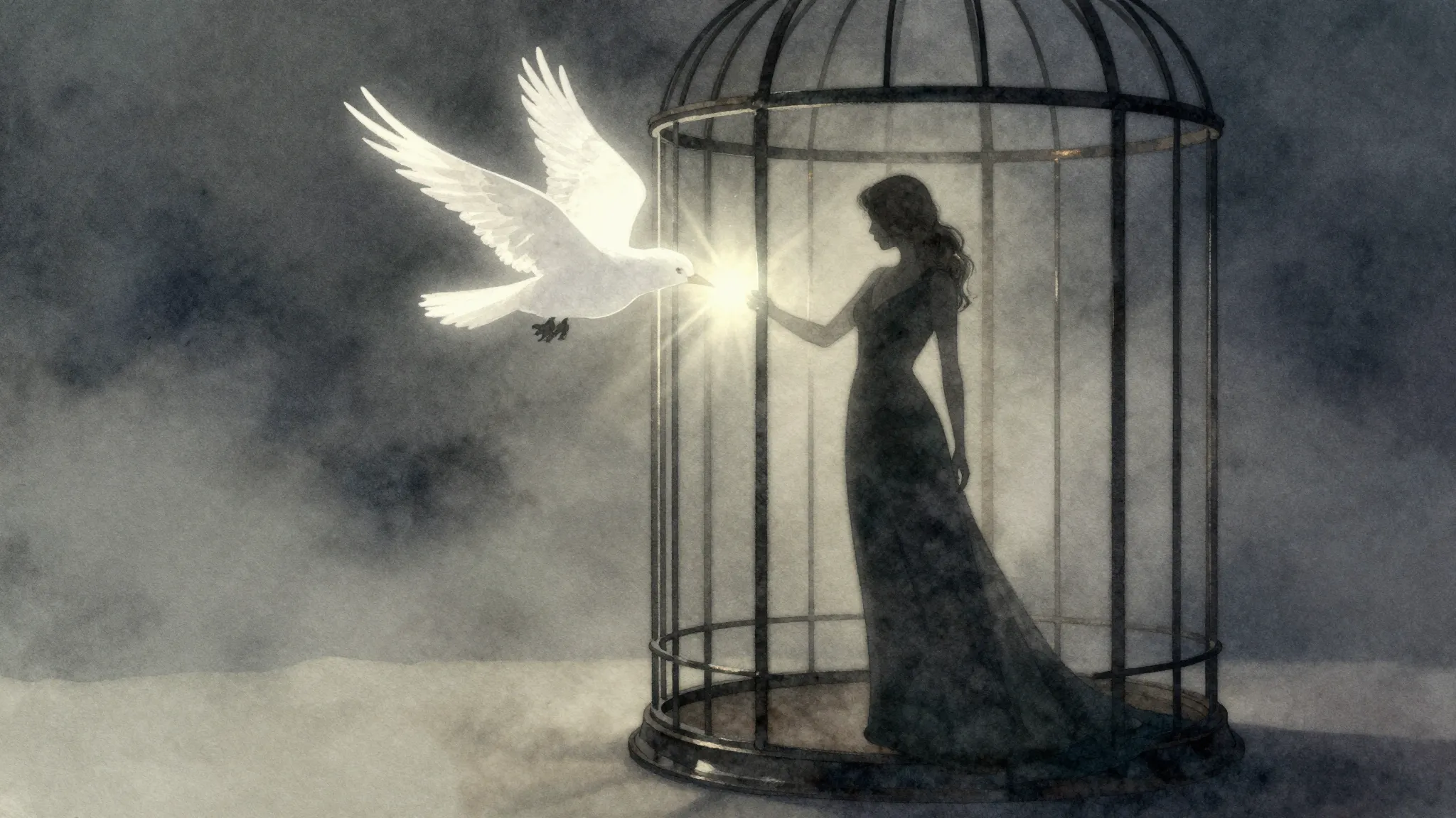 Watercolor style. A silhouette of a white bird transforming ...