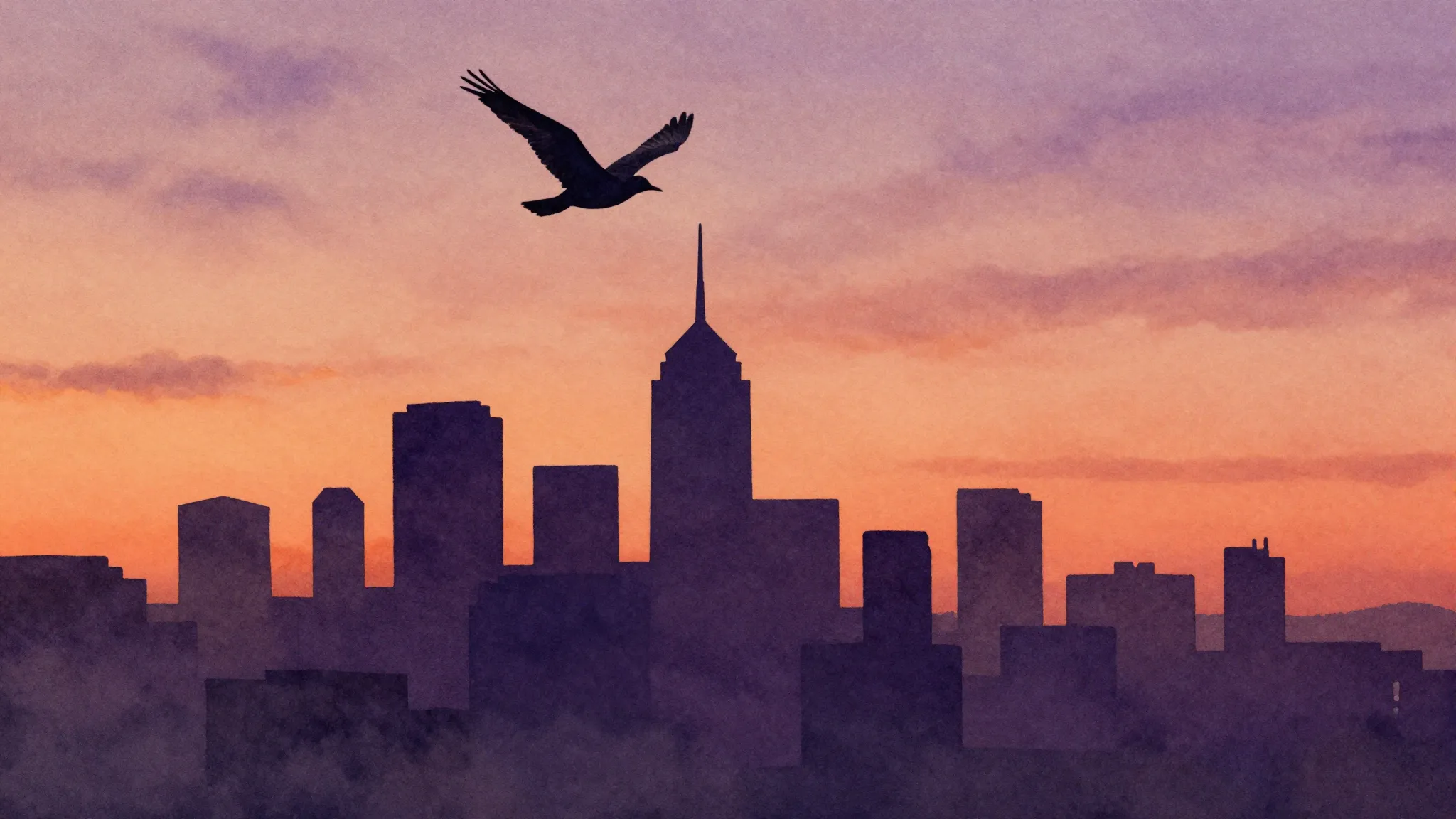 Watercolor style. A lone silhouette of a bird flying high ab...