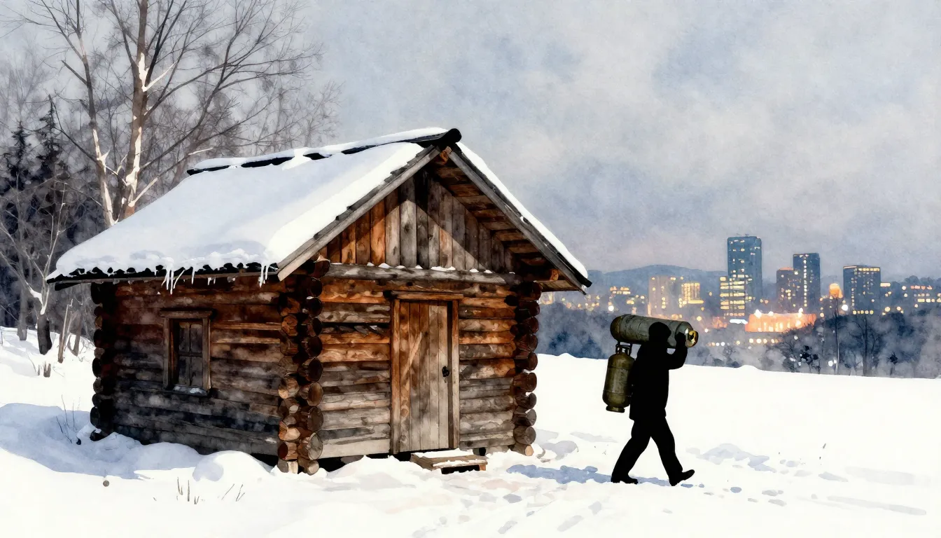 Watercolor style. A rustic wooden cabin in winter. A silhoue...