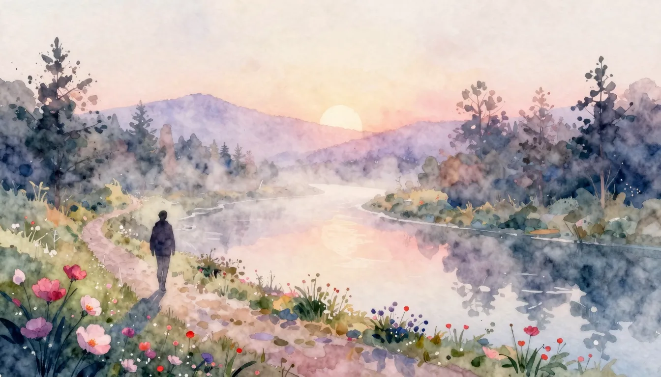 Watercolor style. A serene landscape at sunrise, a gentle mi...