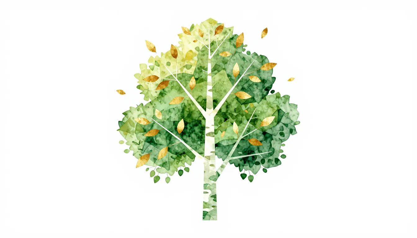 Watercolor style. A stylized green birch tree with golden le...