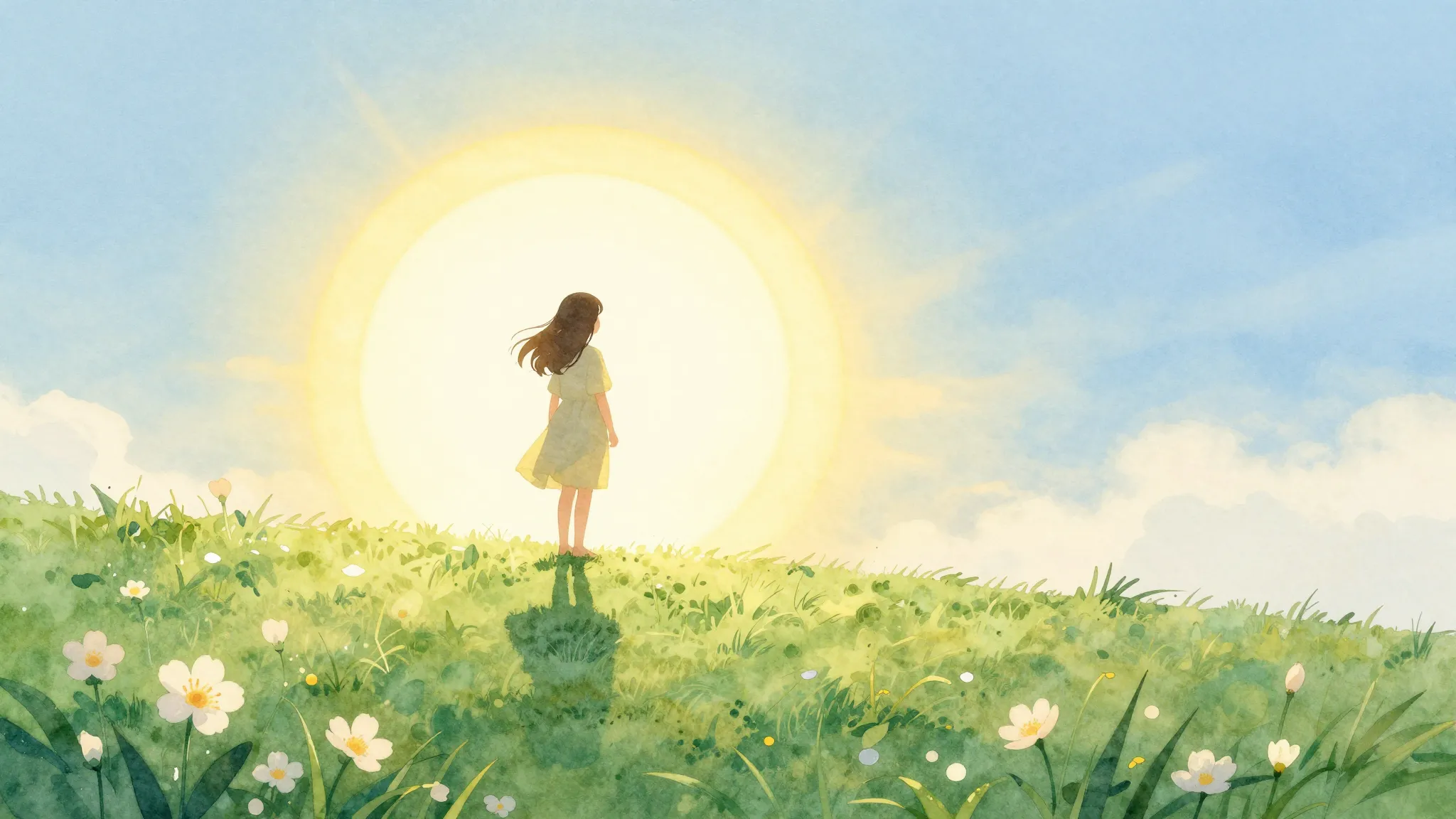 Watercolor style. A silhouette of a girl standing on a vibra...