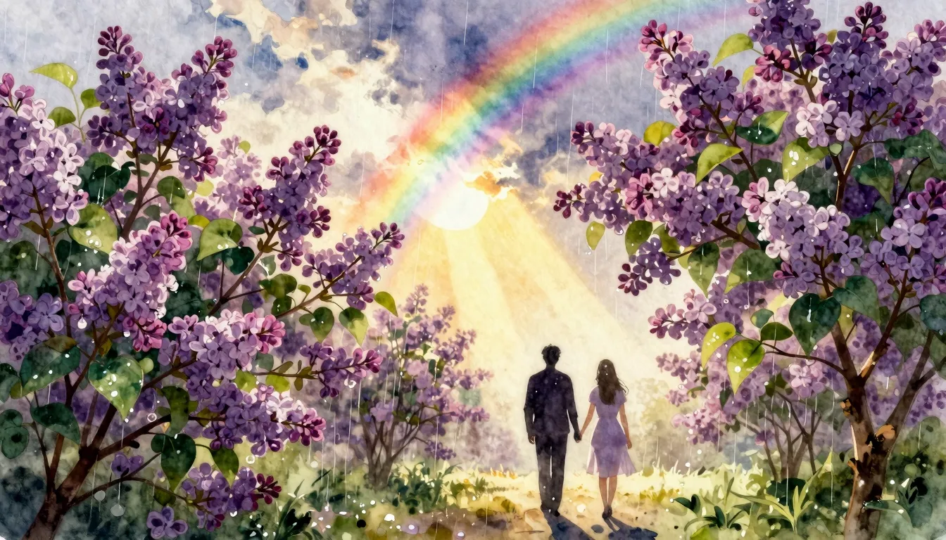Watercolor style. Silhouette of a couple walking under bloom...
