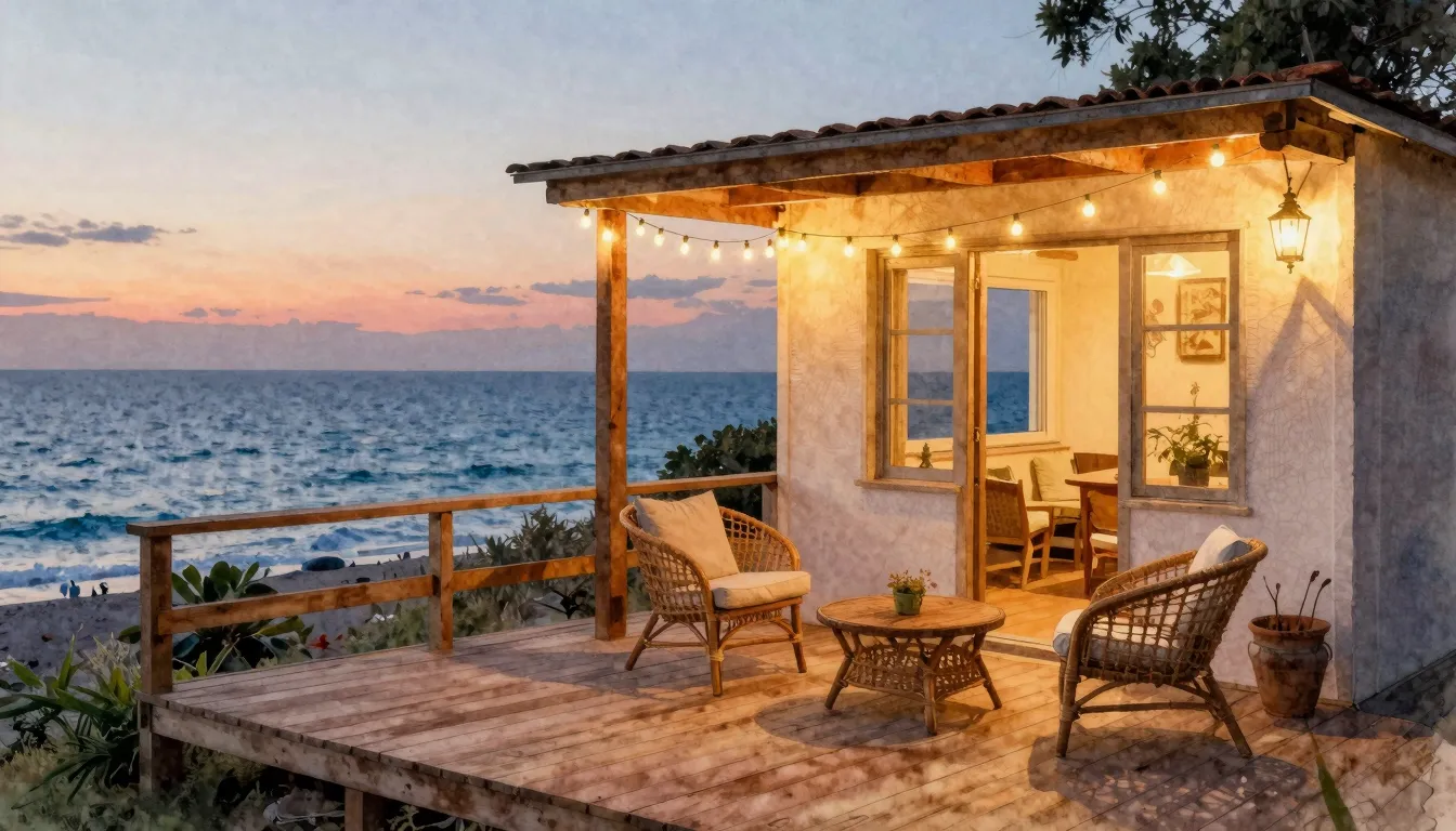 Watercolor style. Cozy wooden terrace of a seaside guest hou...