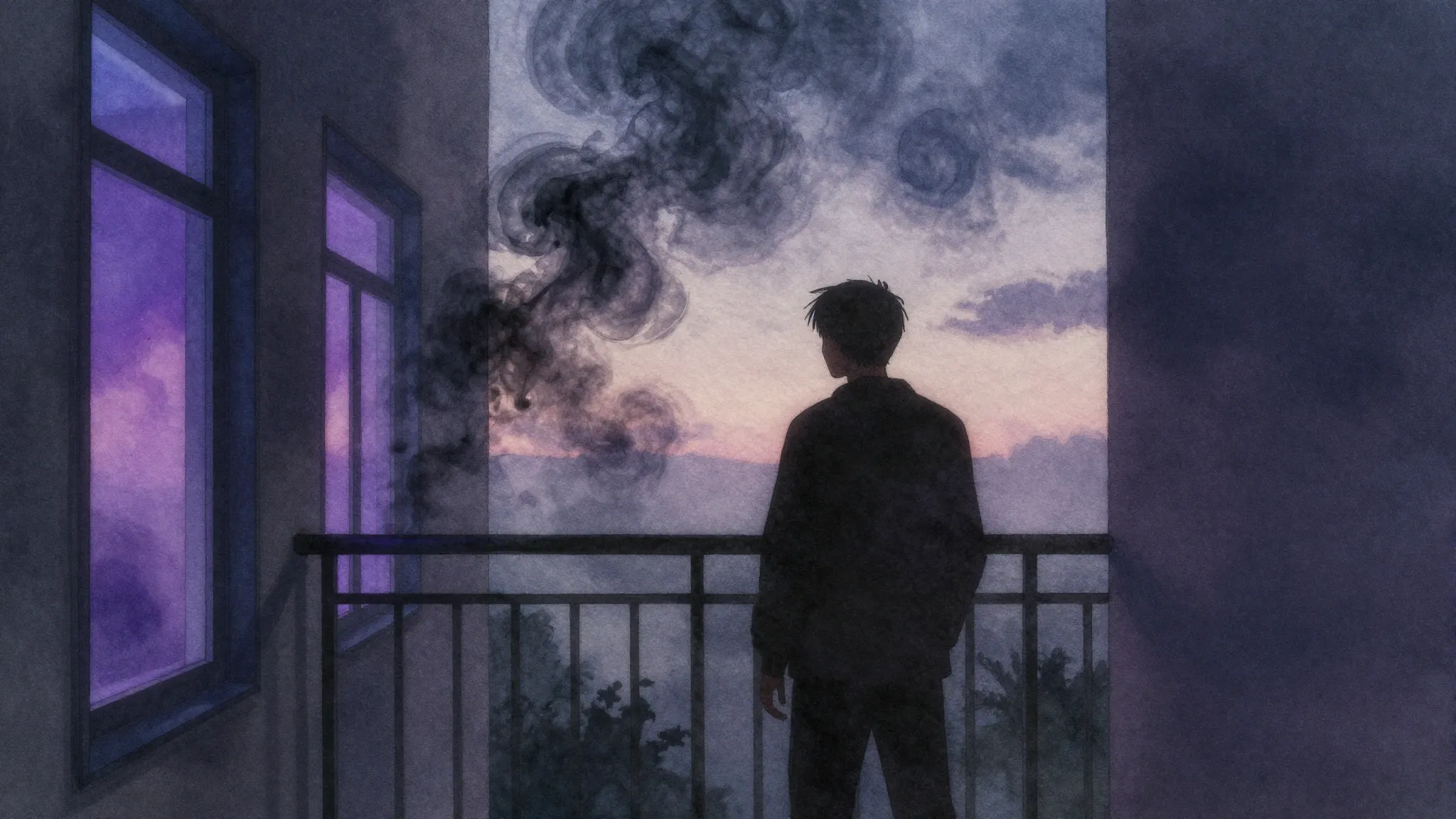 Watercolor style. A dark silhouette of a person standing on ...