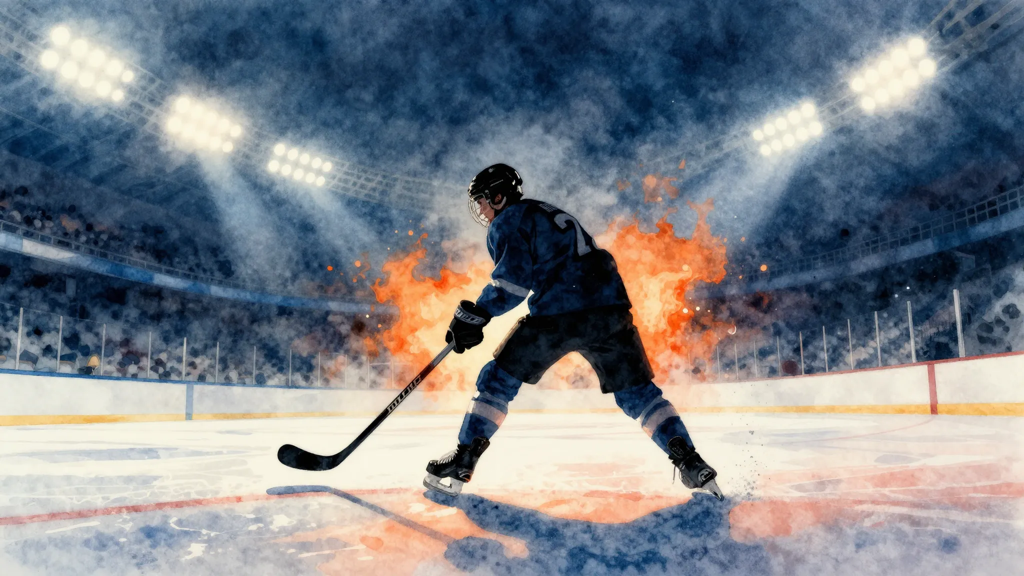 Watercolor style. Silhouette of a hockey player raising a st...