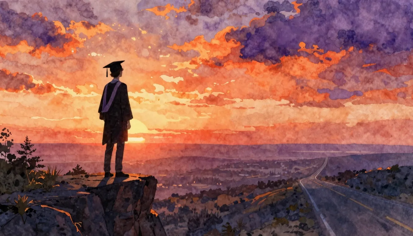 Watercolor style. A silhouette of a young person in a gradua...