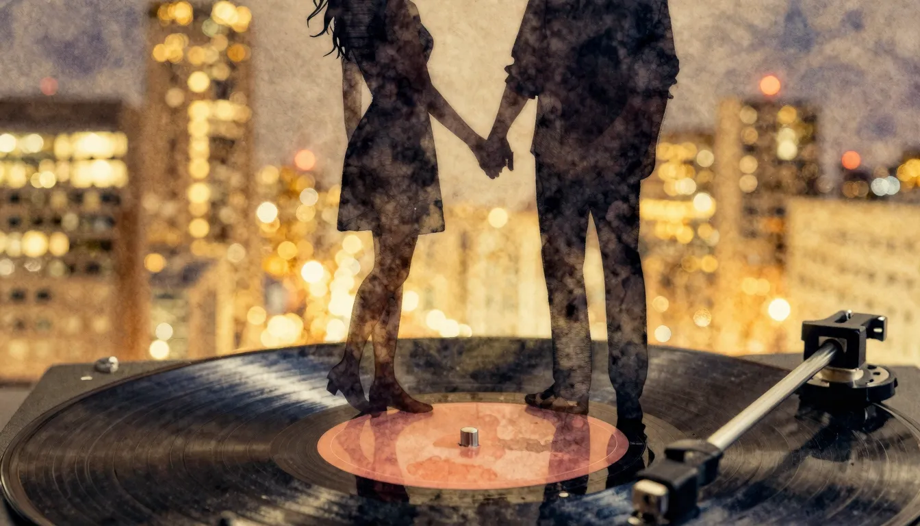 Watercolor style. Two silhouettes holding hands, standing on...