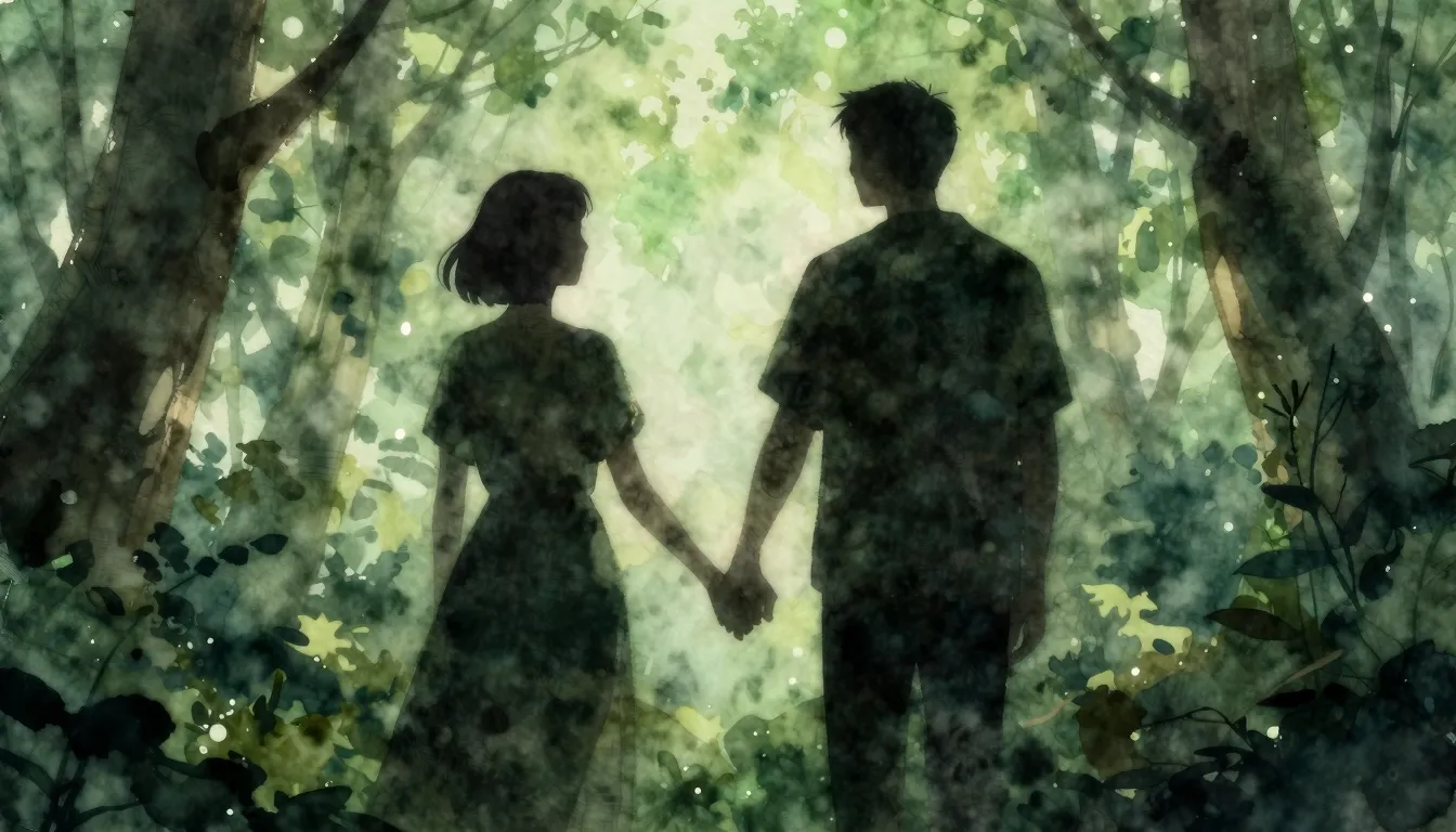 Watercolor style. Two dark silhouettes holding hands in a mi...