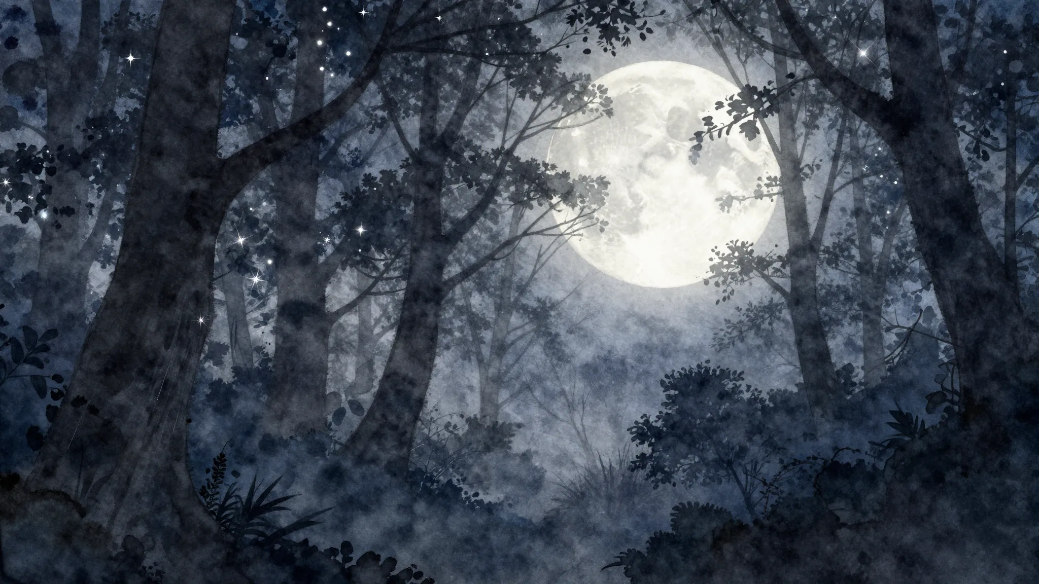 Watercolor style. Silhouette of a mystical forest under a gl...