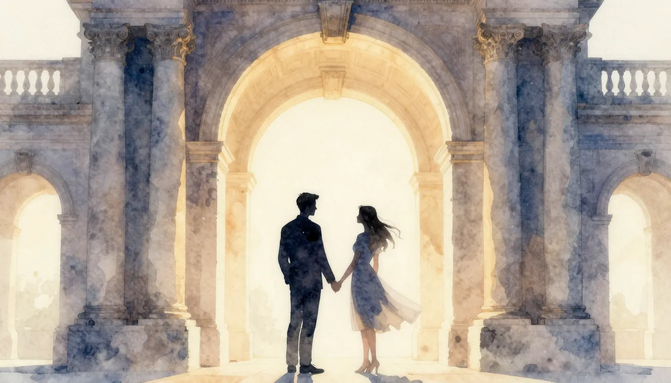 Watercolor style. Silhouette of a couple holding hands under...
