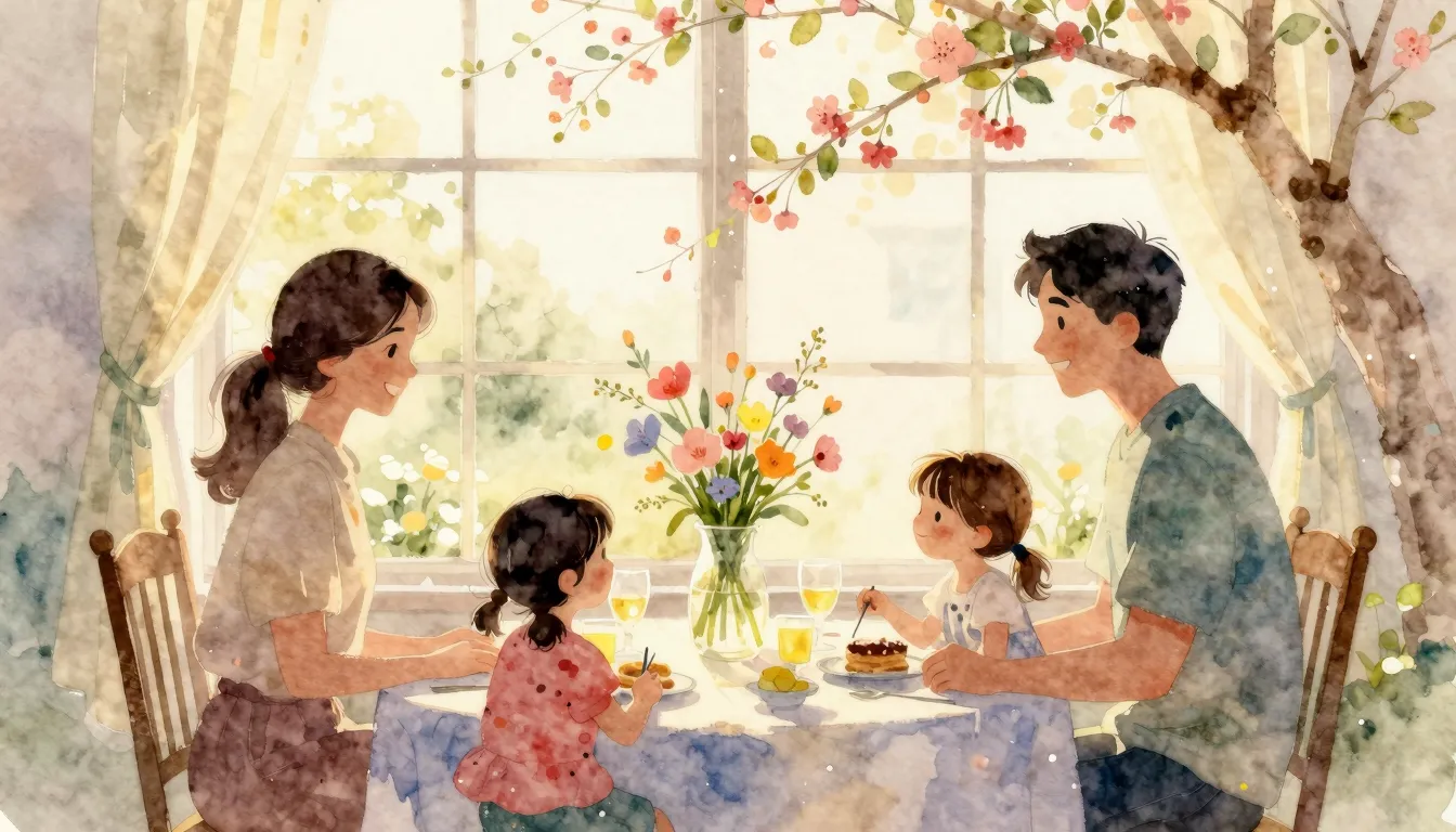 Watercolor style. Silhouettes of a happy family sitting toge...