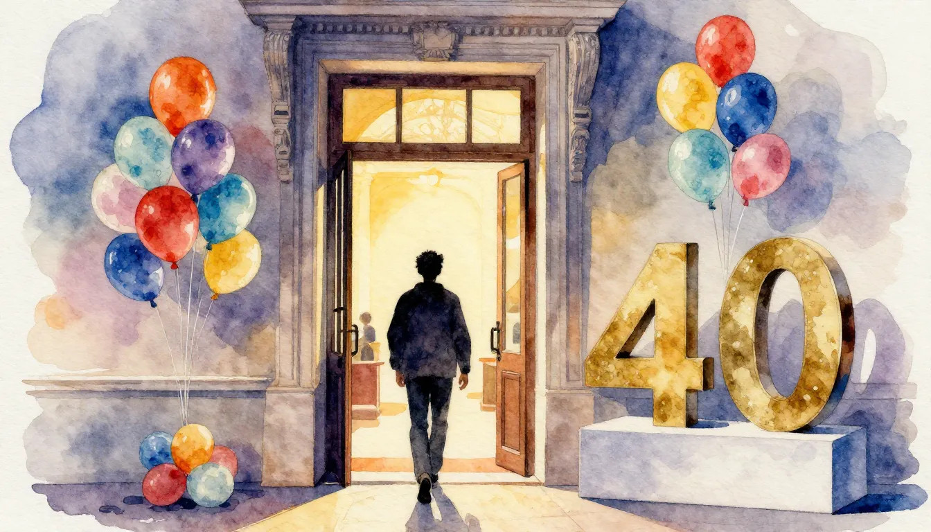 Watercolor style. An open museum door with warm light glowin...