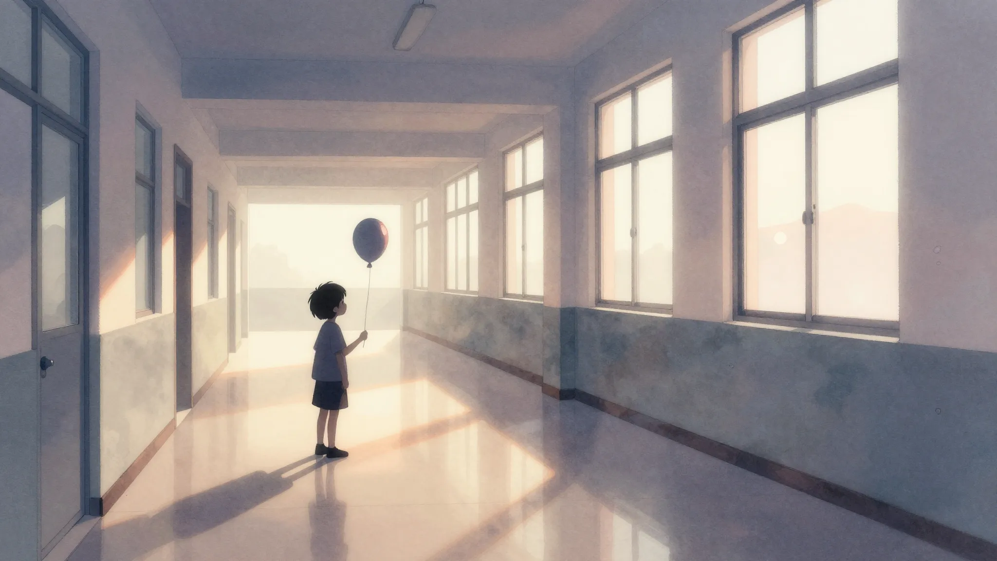 Watercolor style. A silhouette of a small child standing alo...