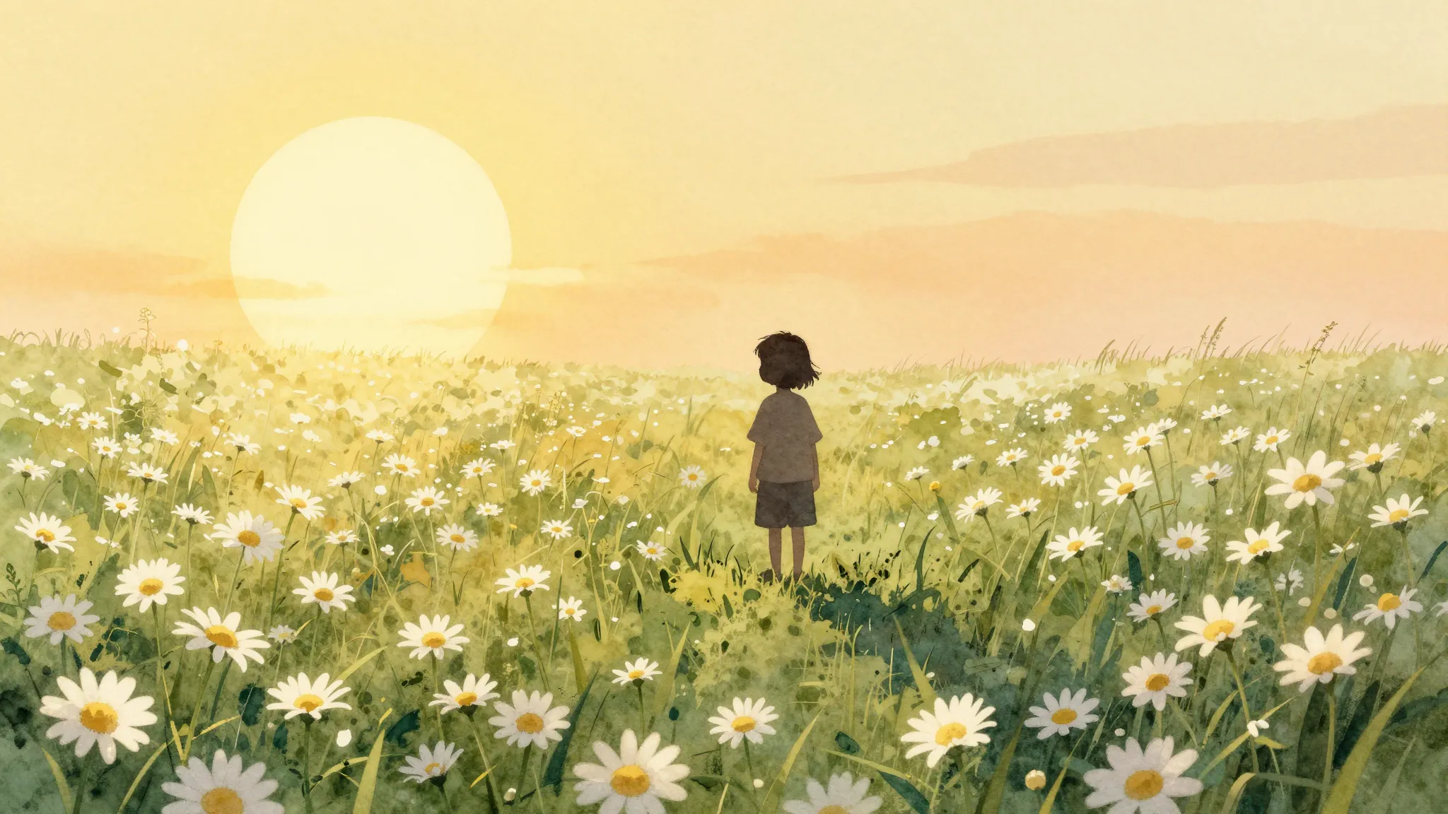 Watercolor style. Silhouette of a small child standing in a ...