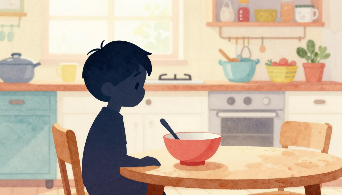 Watercolor style. Silhouette of a small child sitting at a k...