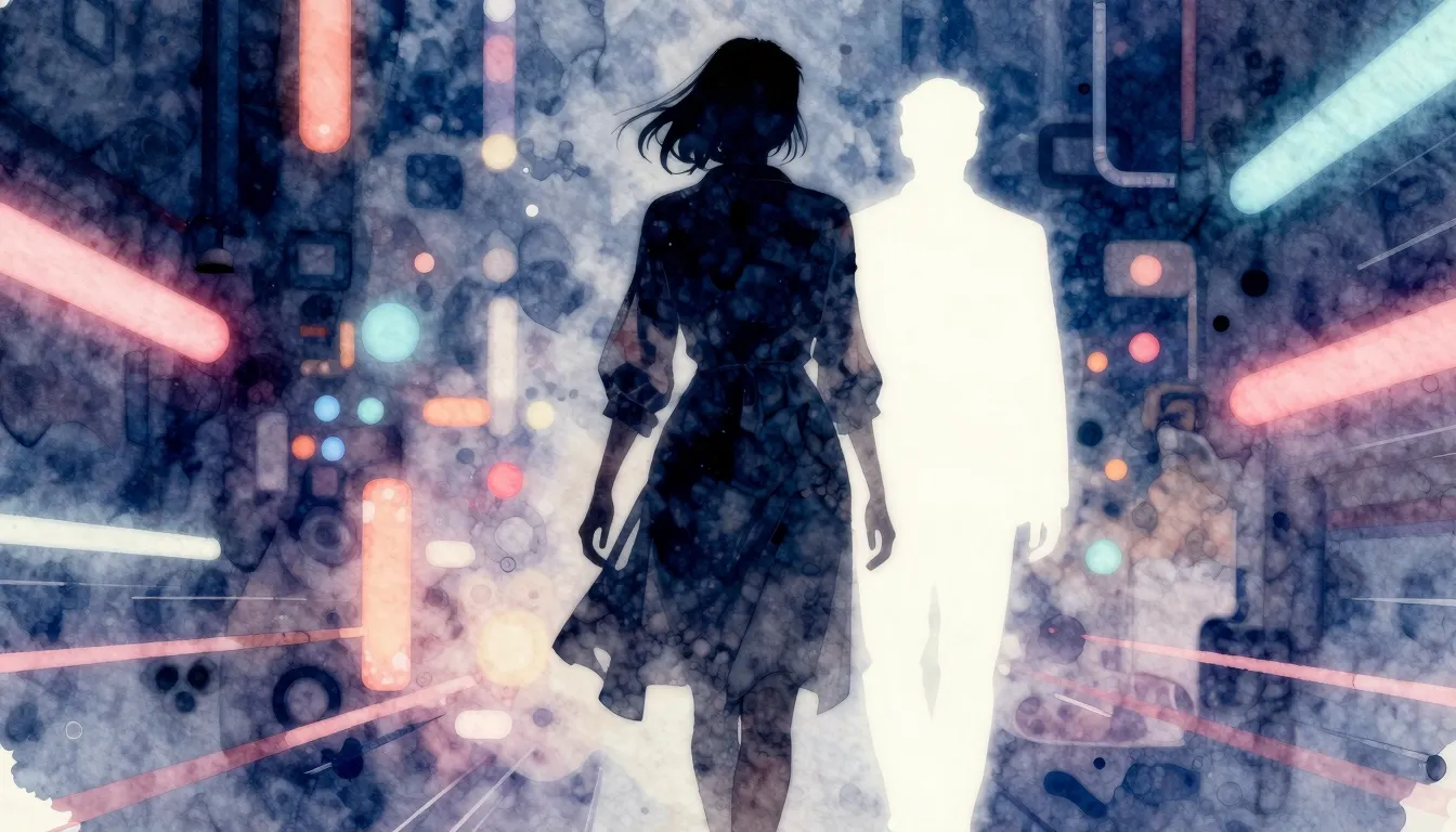 Watercolor style. A dark silhouette of a proud woman walking...