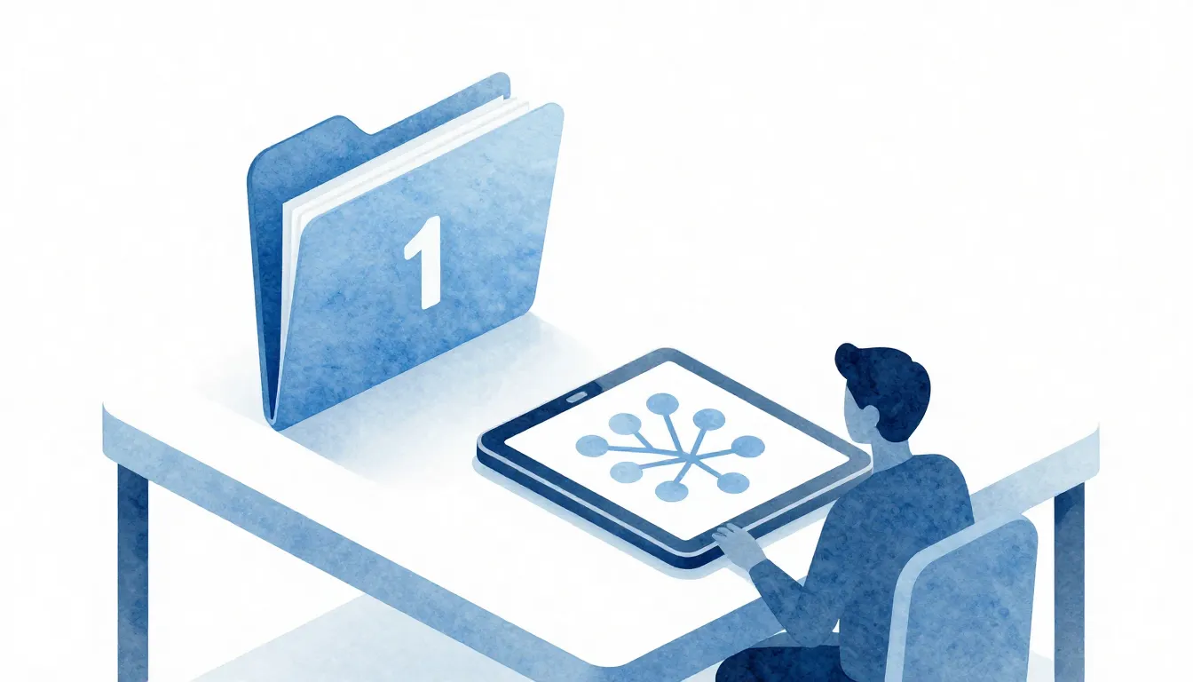 Watercolor style. Minimalist isometric office desk, a folder...