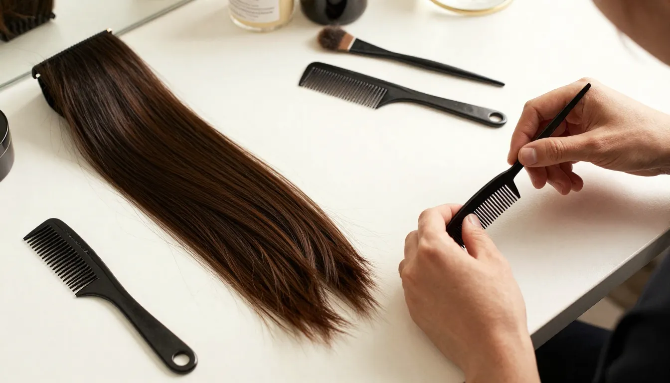 Watercolor style. Aesthetic workspace for hair extensions, p...