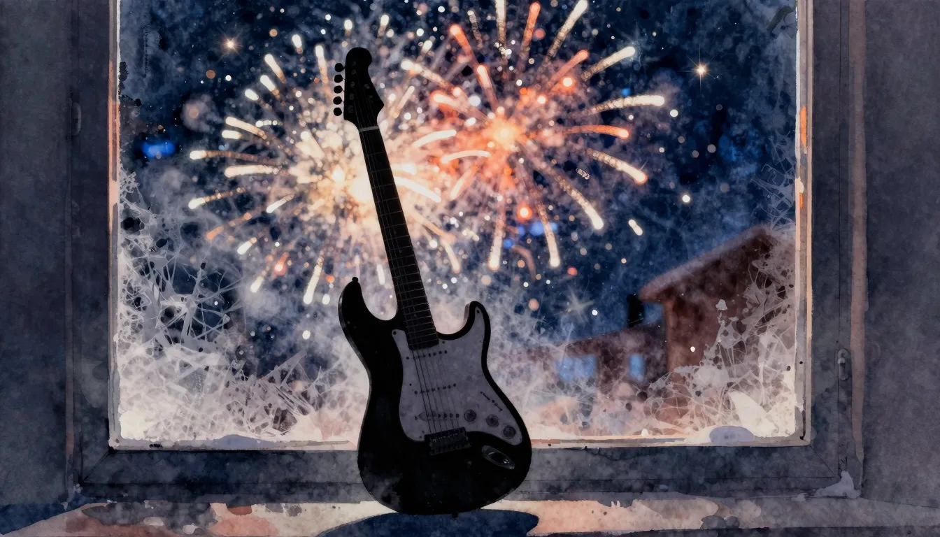 Watercolor style. Silhouette of an electric guitar leaning a...