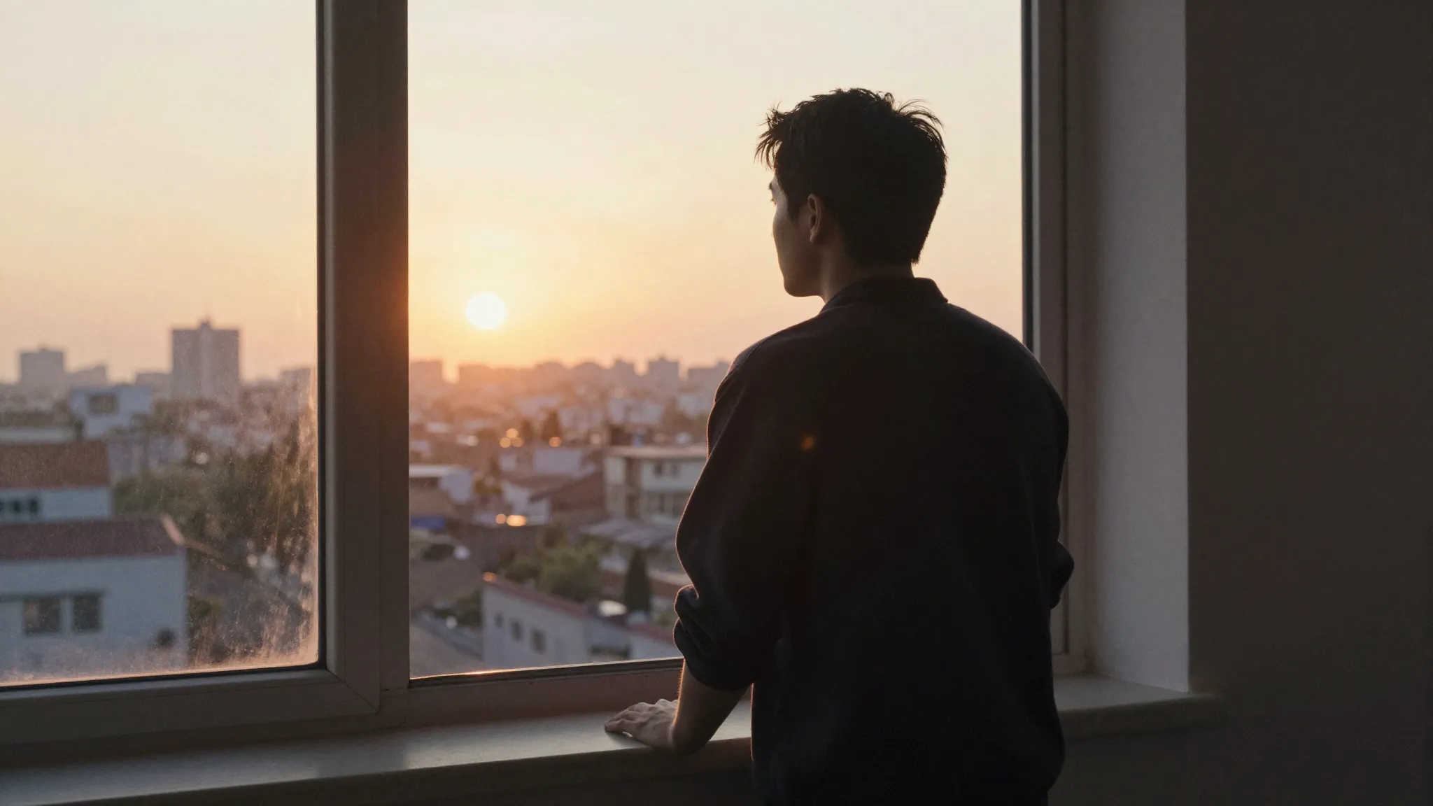 Watercolor style. A silhouette of a man looking out a window...