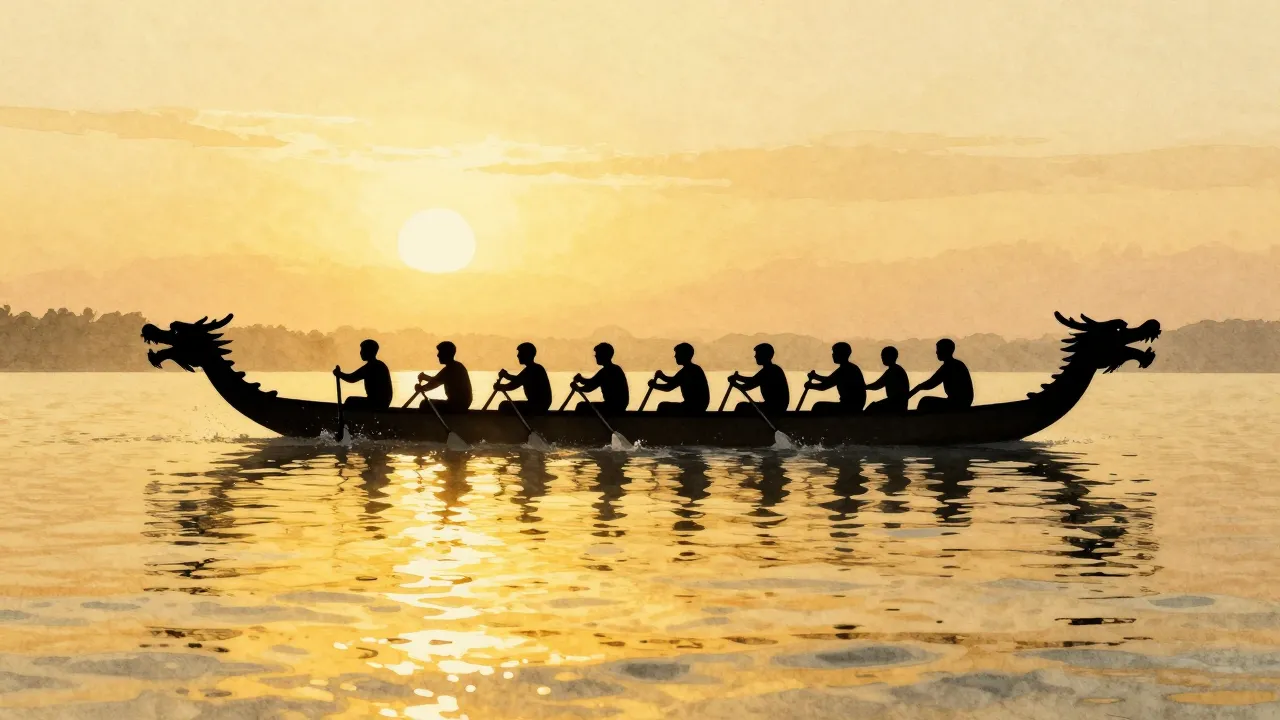 Watercolor style. Silhouette of a long dragon boat with many...