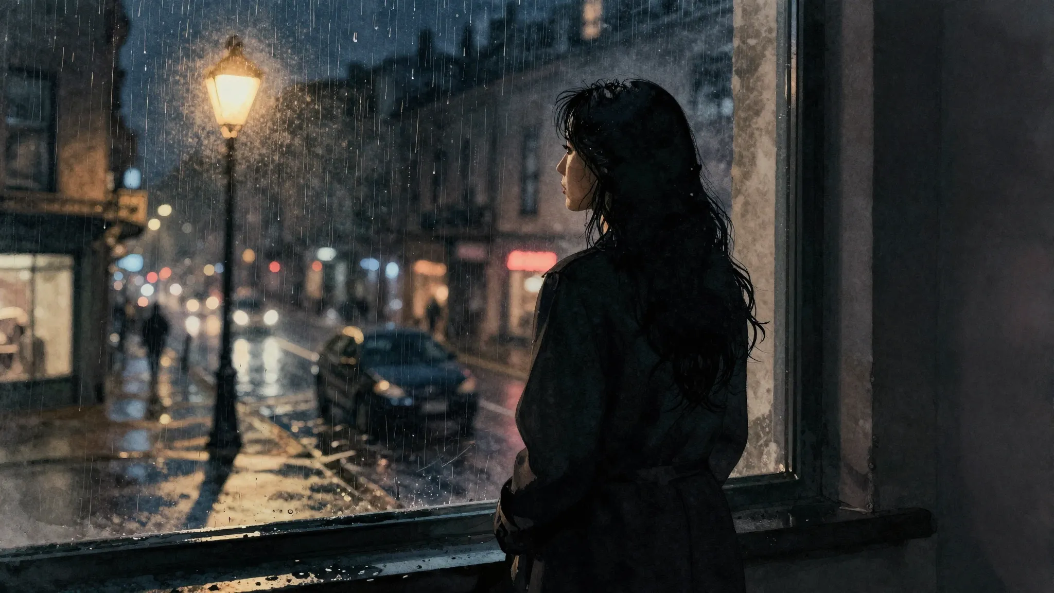 Watercolor style. A silhouette of a woman looking out a rain...