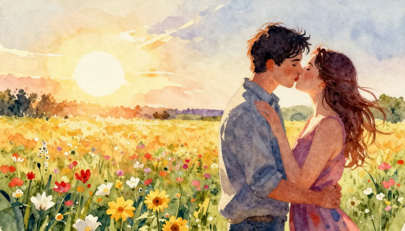 Vibrant watercolor style. Country song cover: warm sun, spri...