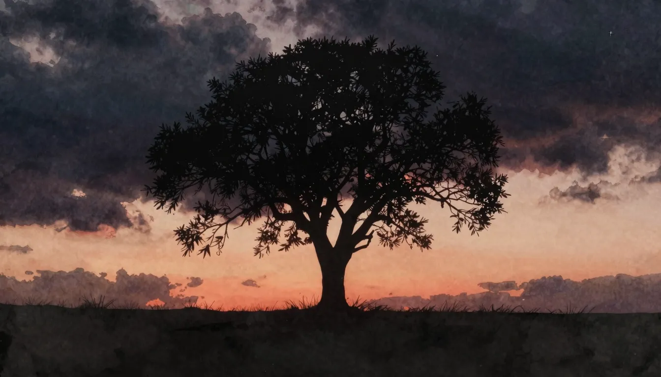 Watercolor style. Dark silhouette of a lone tree against a f...