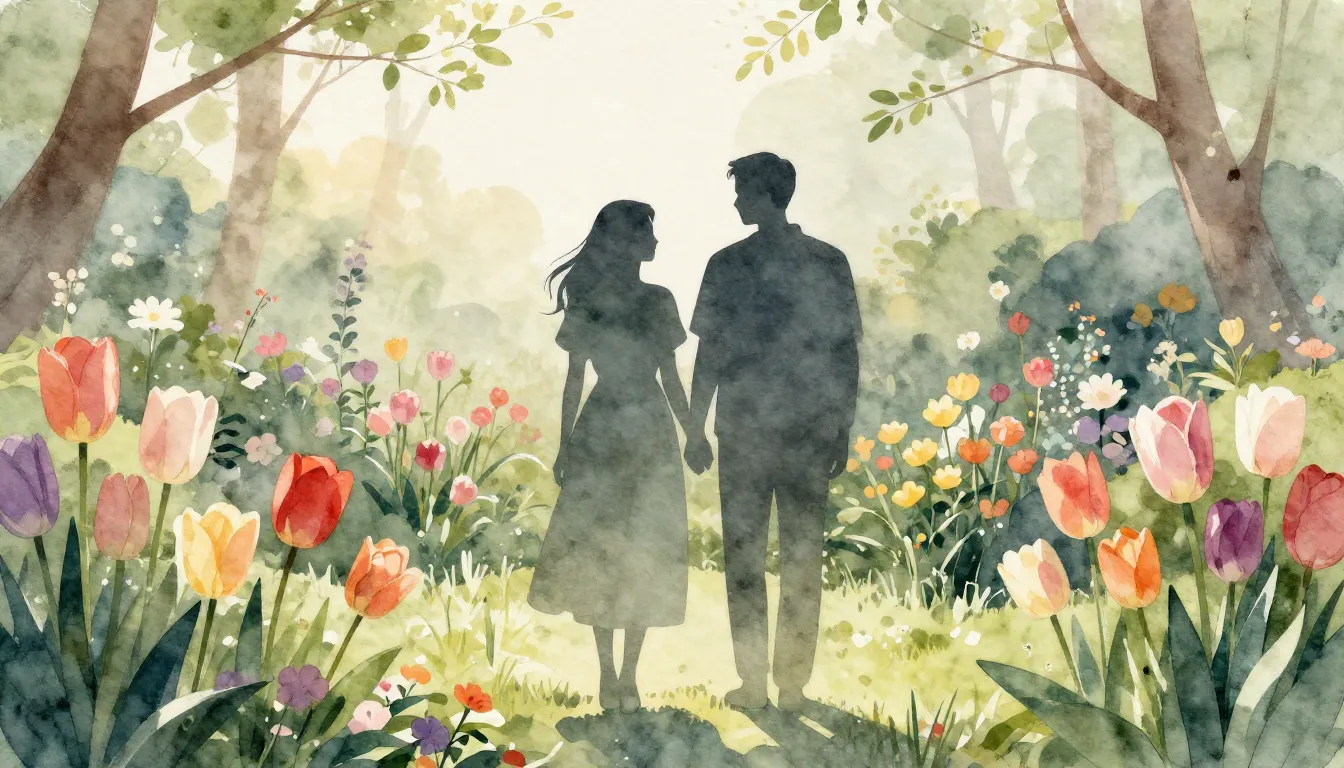 Watercolor style. A silhouette of a couple standing in a lus...