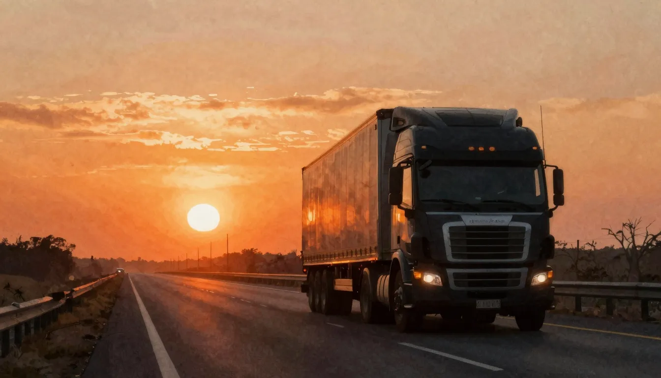Watercolor style. A silhouette of a heavy semi-truck driving...