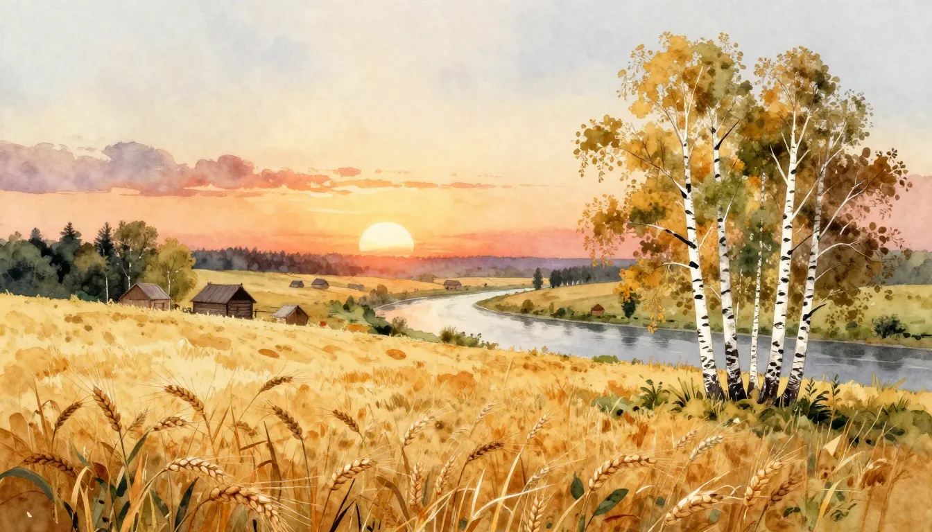 Watercolor style. Atmospheric landscape of ancient Slavic co...