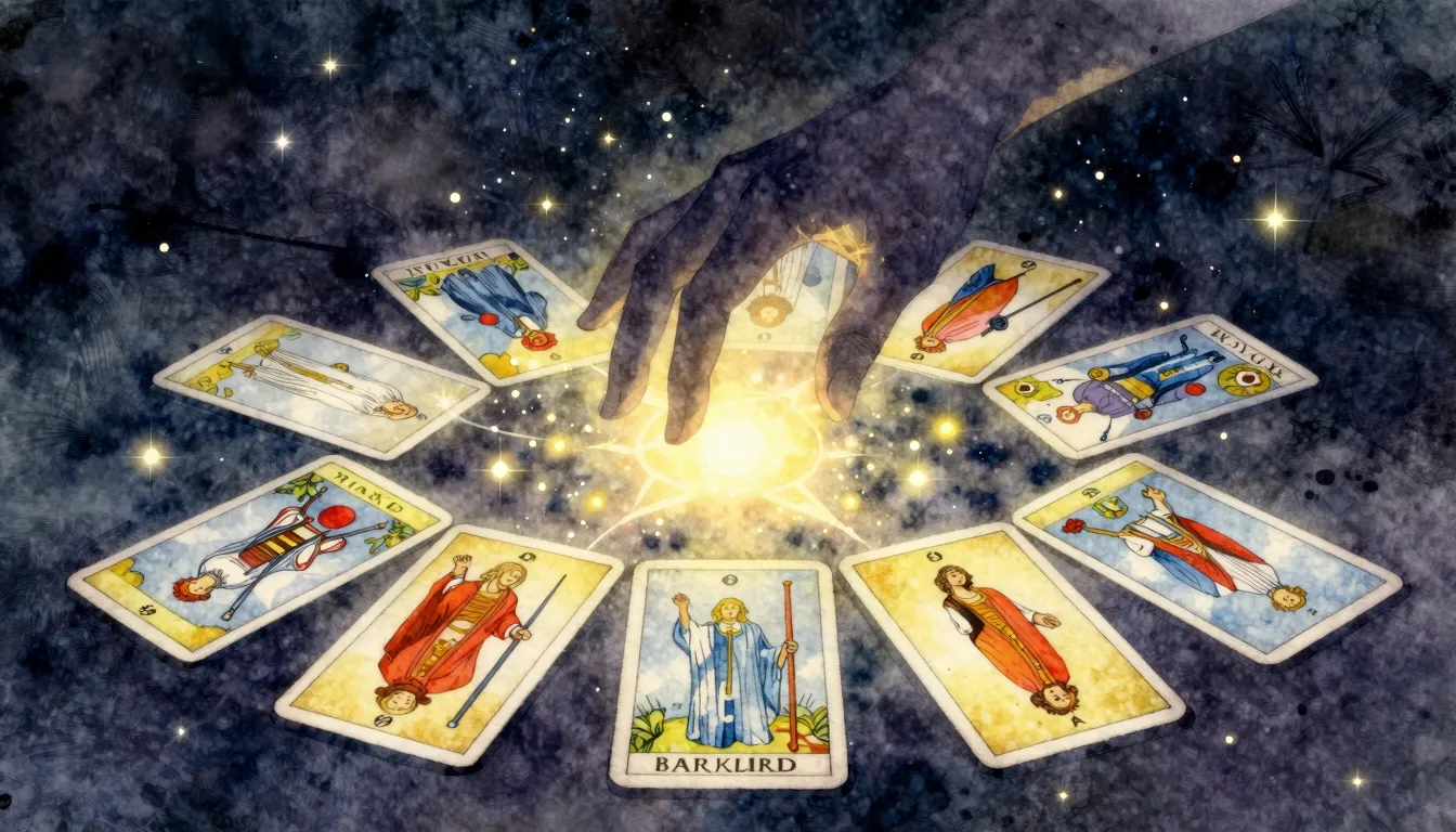 Watercolor style. A mystical and inviting image of a tarot c...