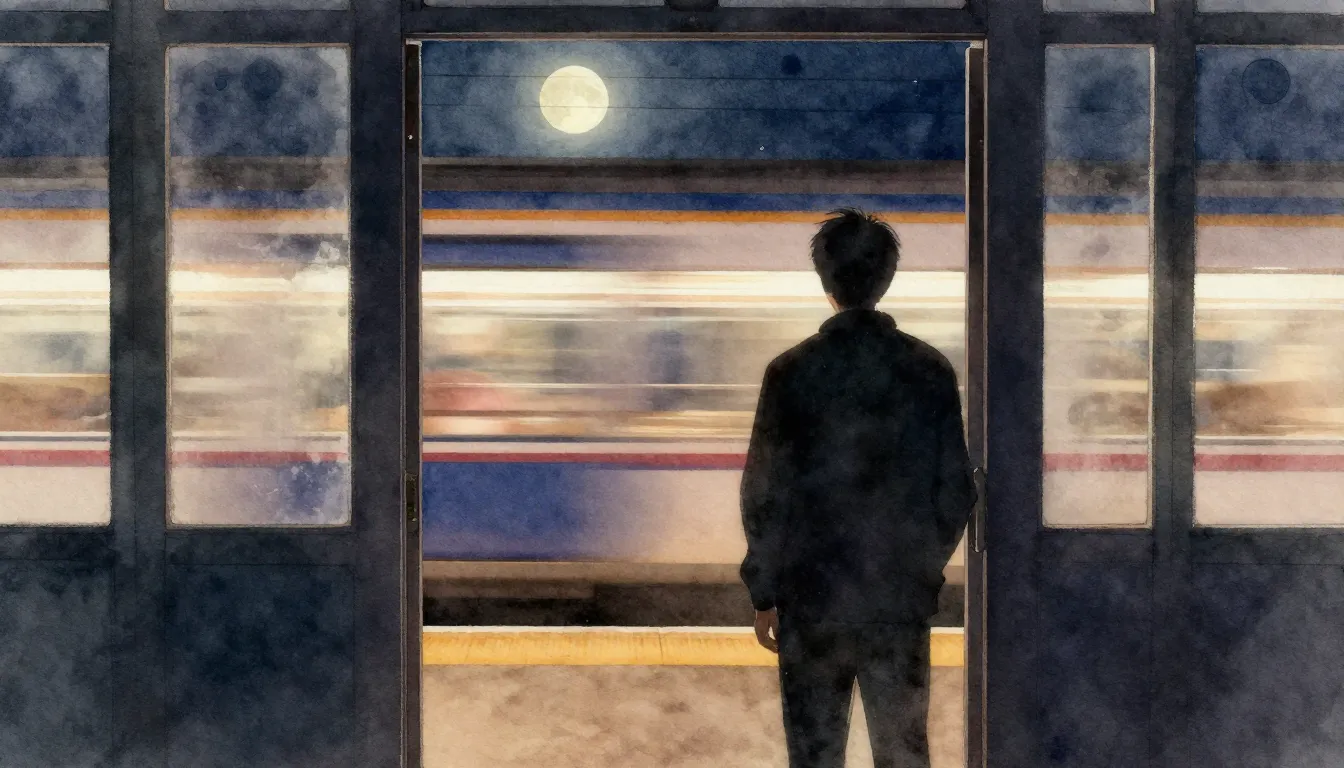 Watercolor style. A silhouette of a person standing by an op...