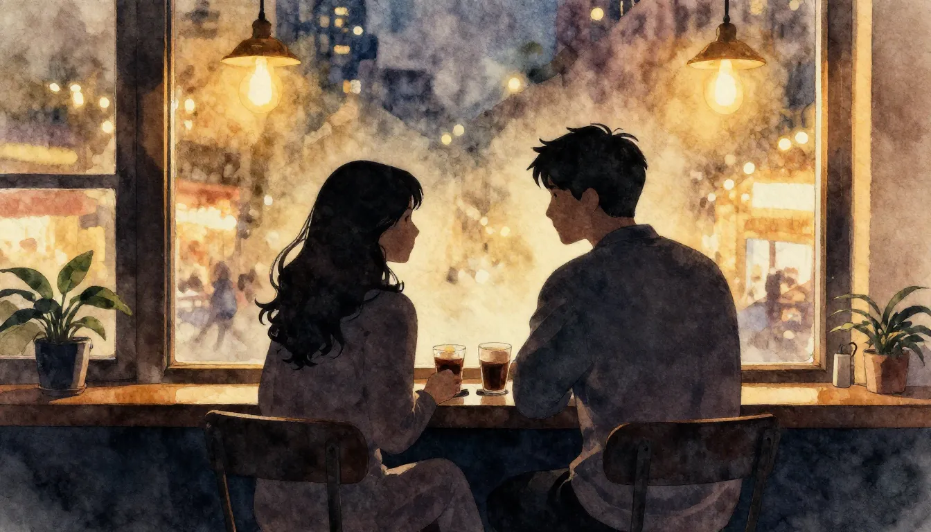 Watercolor style. Cinematic silhouette of a couple sitting i...