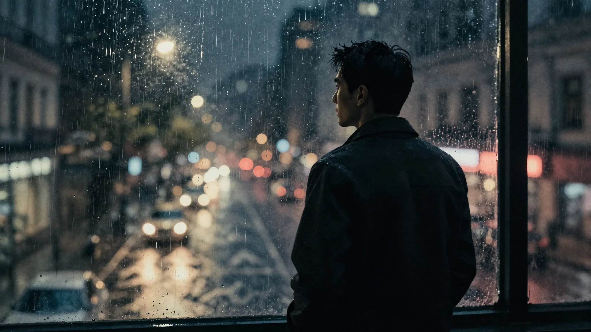 Watercolor style. A silhouette of a man stands behind a rain...