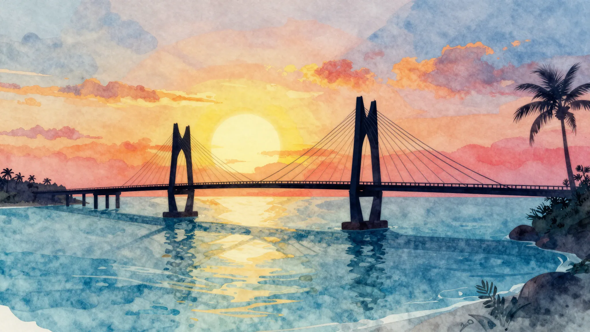 Watercolor style. Silhouette of a bridge connecting two cont...