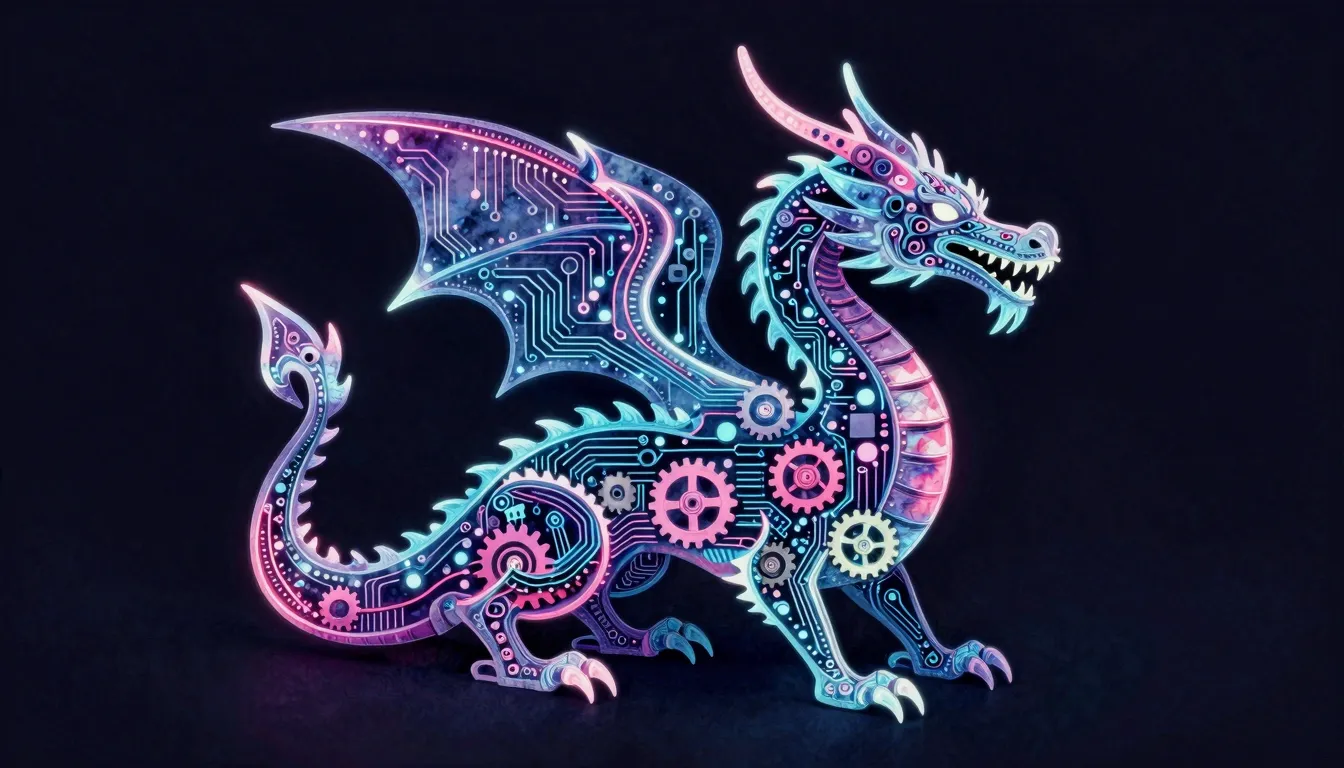 Watercolor style. Stylized silhouette of a dragon made of di...