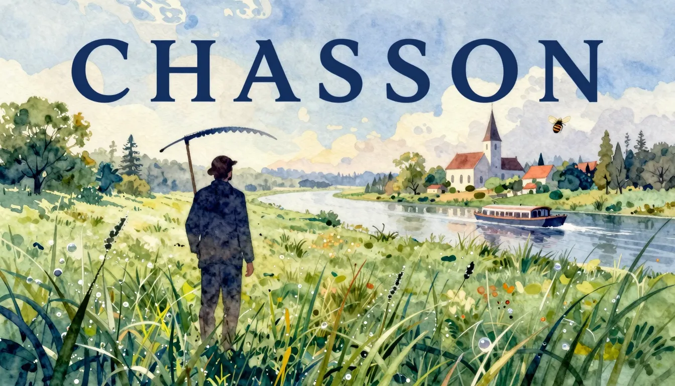 Vibrant watercolor style. Chanson album cover: rural morning...