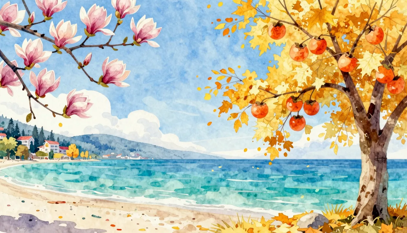 Watercolor style. A colorful collage of Sochi seasons: bloom...