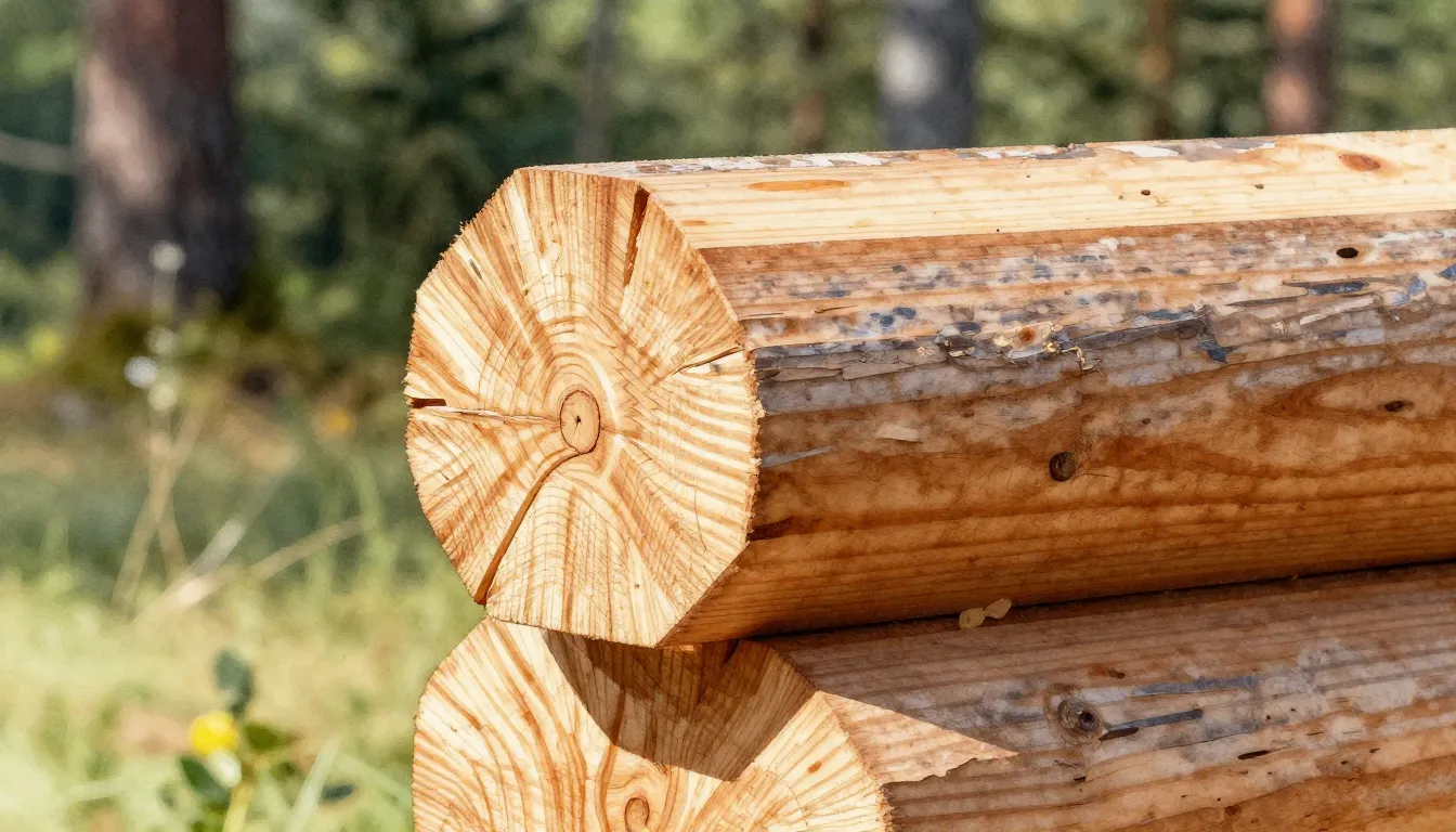 Watercolor style. Close-up of a high-quality log corner join...