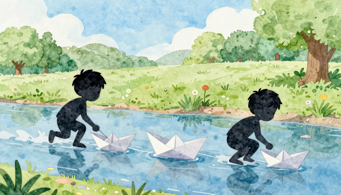 Watercolor style. Silhouette of two boys crouching by a larg...