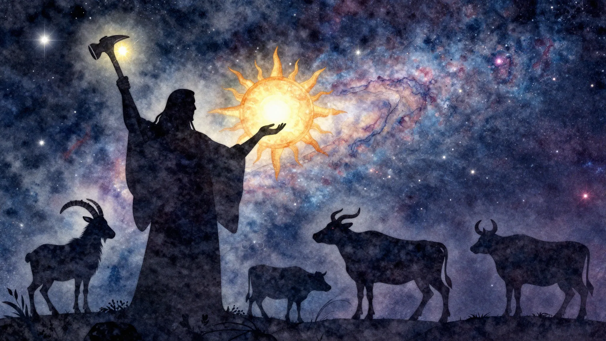 Watercolor style. Silhouette of a giant cosmic creator in sp...