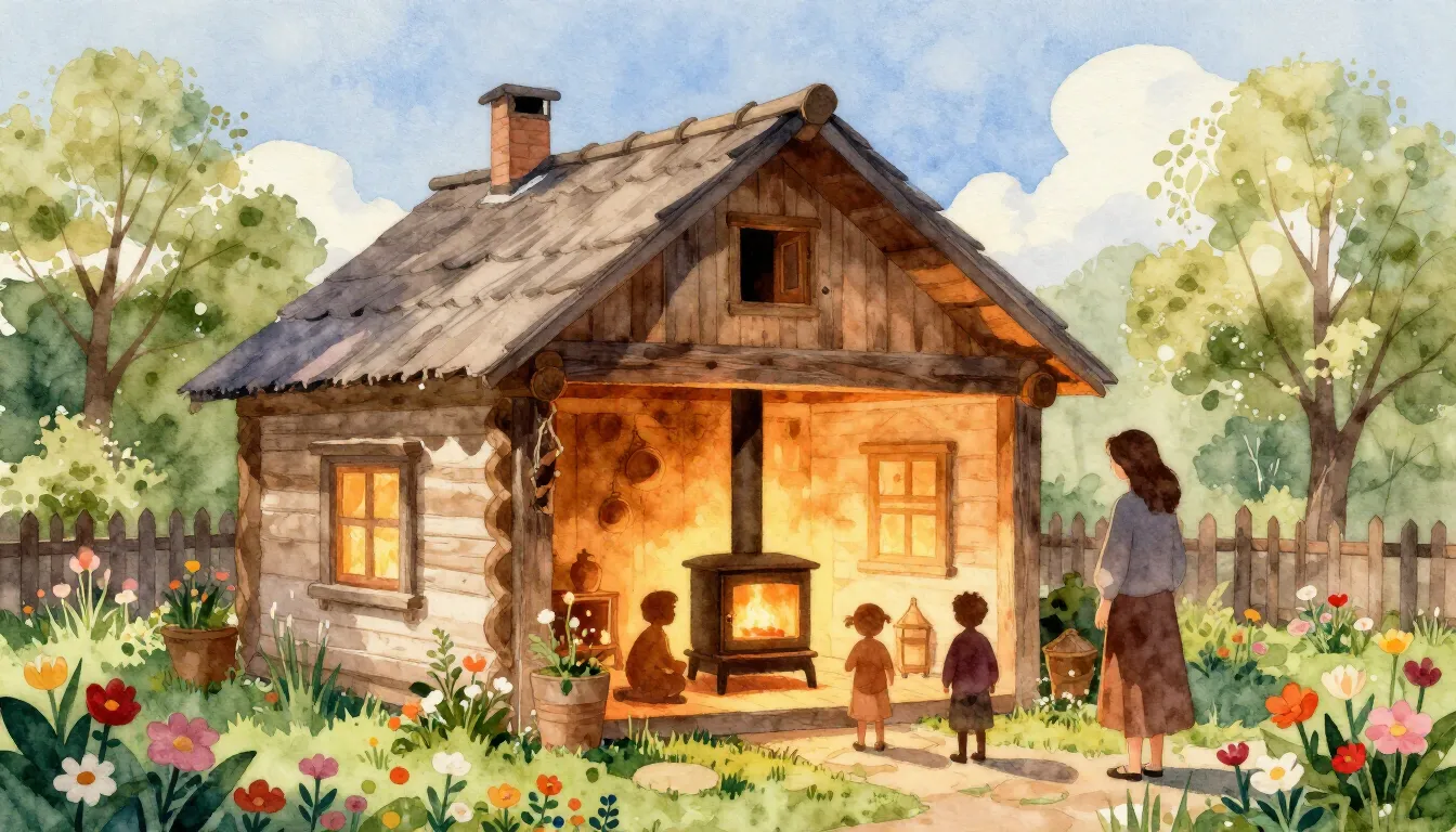 Watercolor style. A cozy rustic house with a blooming flower...